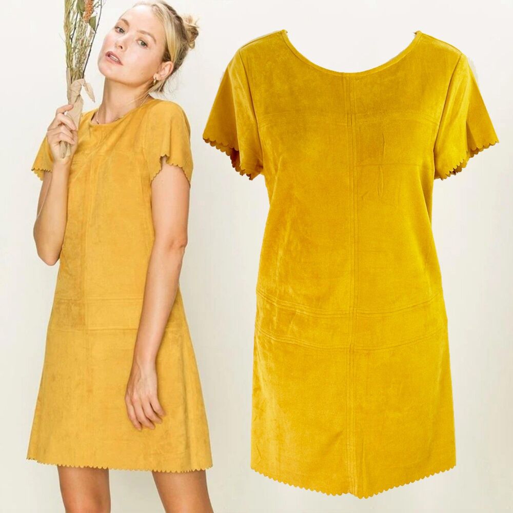 HYFVE Faux Doeskin Scalloped Shift Dress (M) Buttery-Soft Golden Yellow Suede